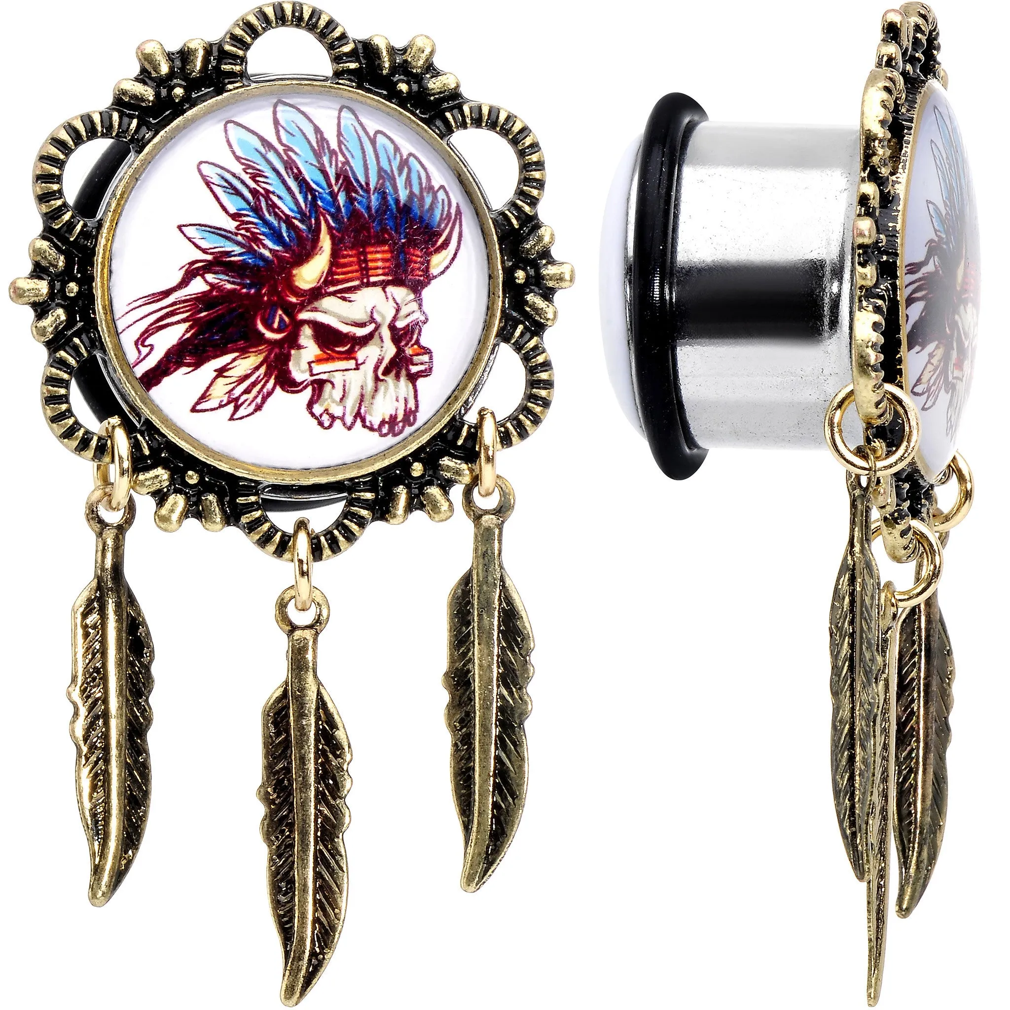 5/8 Steel Indian Skull Single Flare Feather Dangle Plug Set