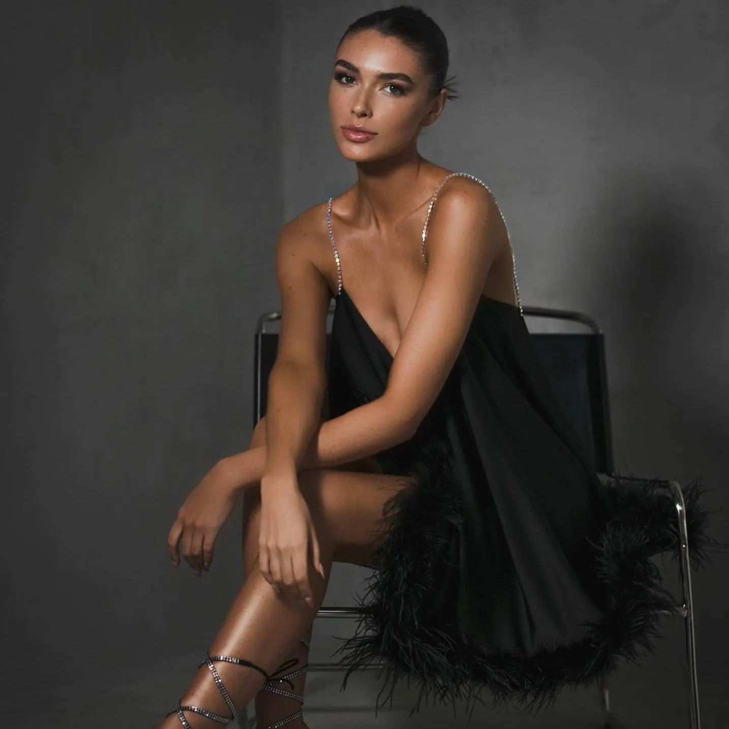 Always Love Feather Trim Chain Strap Mini Dress