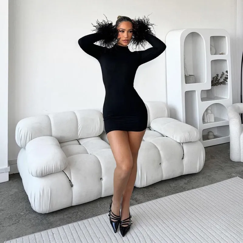 Autumn Solid Color Round Neck Feather Patchwork Slim Sexy Short Dress