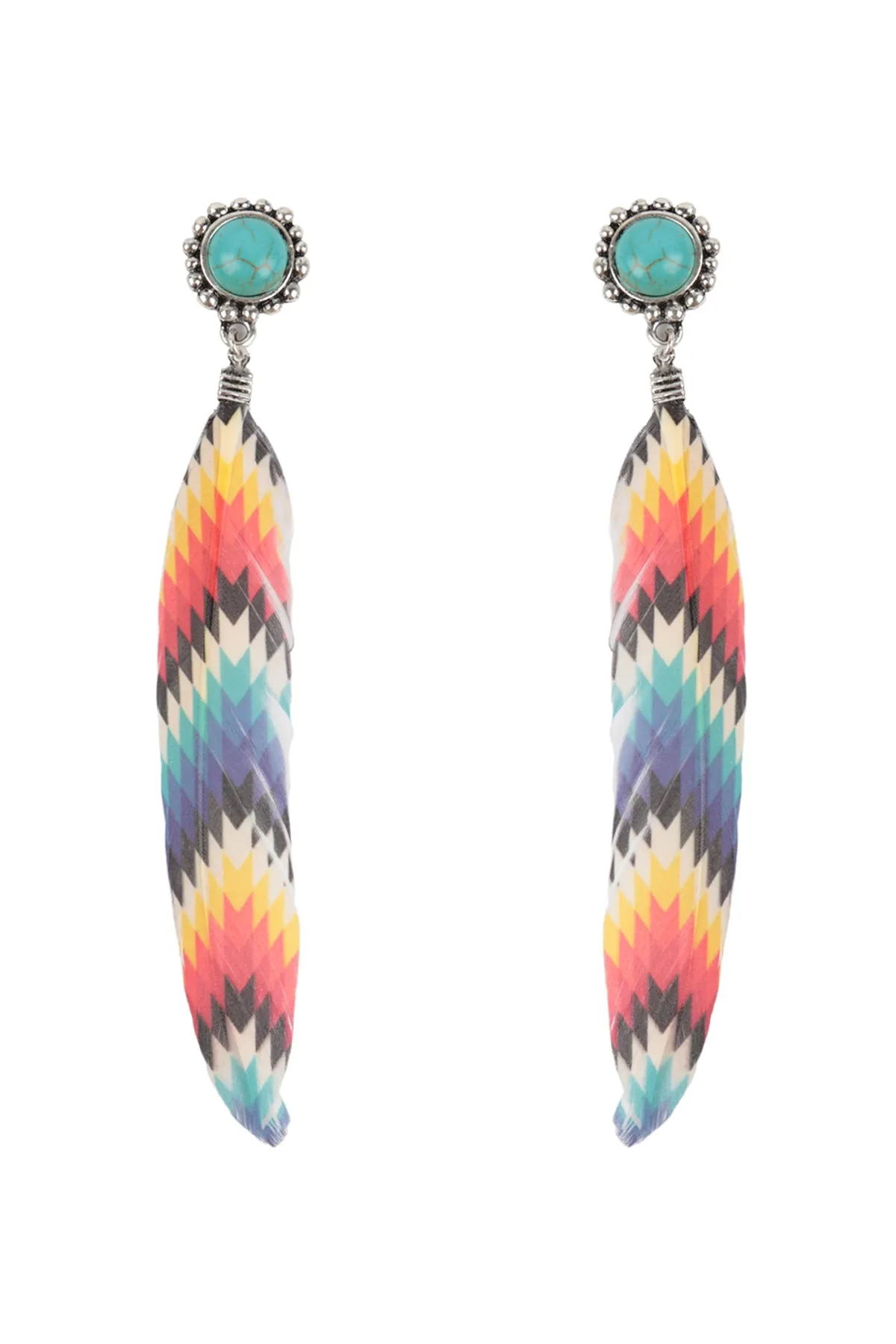 AZTEC PATTERN WESTERN CONCHO FEATHER DROP EARRINGS