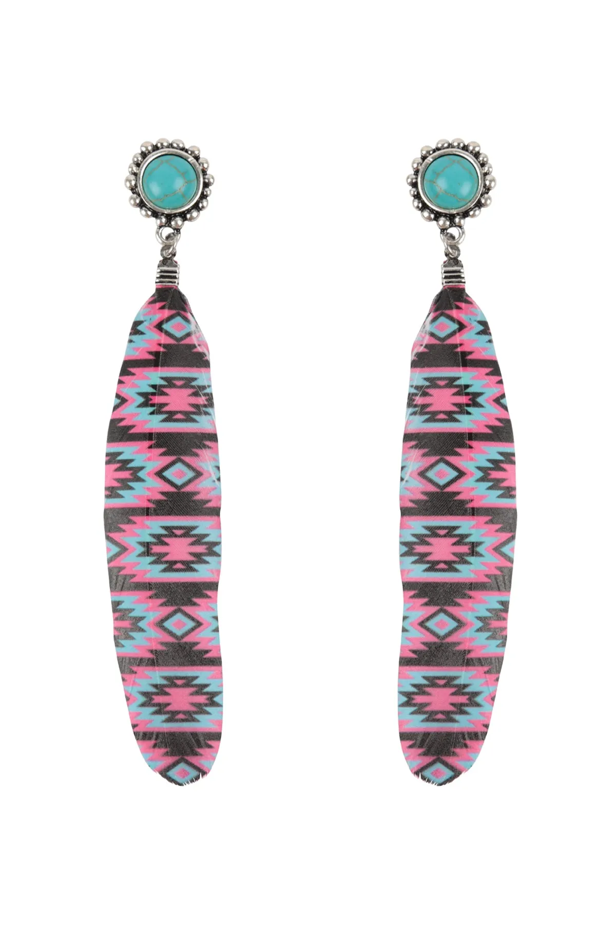 AZTEC PATTERN WESTERN CONCHO FEATHER DROP EARRINGS