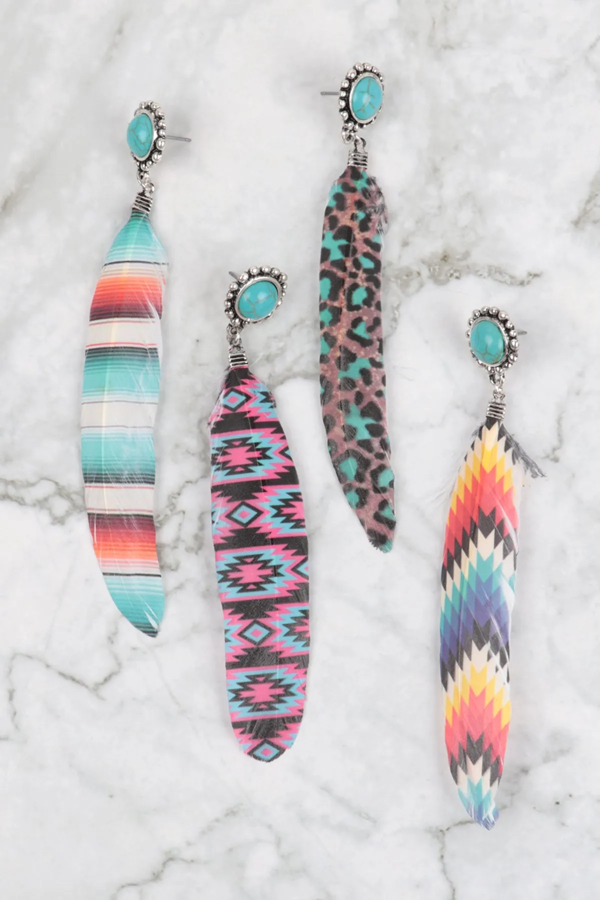 AZTEC PATTERN WESTERN CONCHO FEATHER DROP EARRINGS