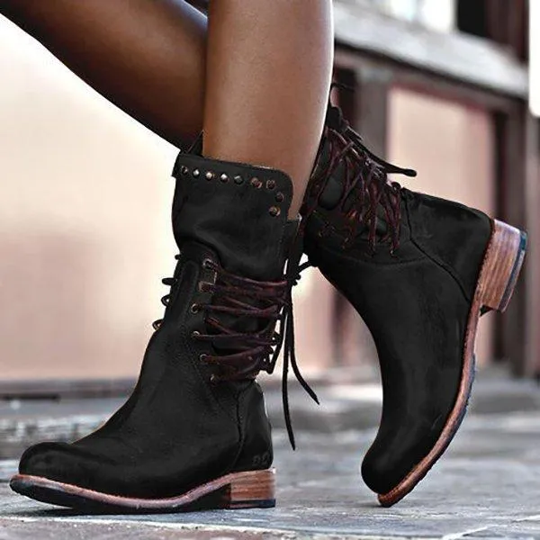 Back Zipper Vintage Boots Lace-Up Holiday Mid-calf Boots