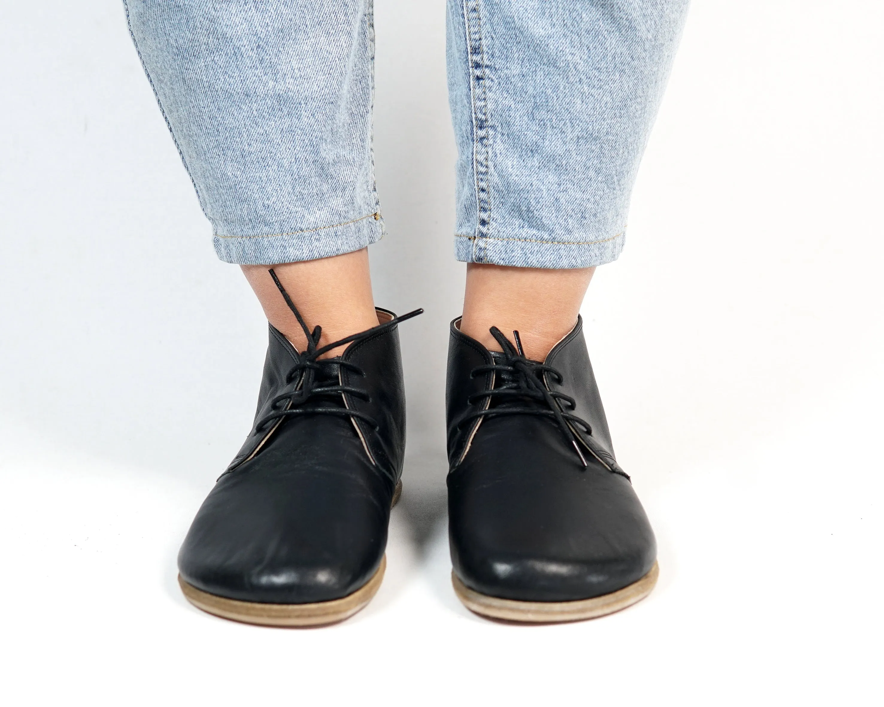 Black Ankle Boots Wide Barefoot Smooth Leather Handmade Shoes