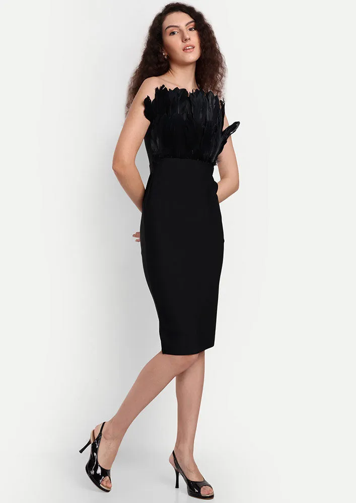 Black Bodycon Strapless Midi Dress With Feather Detailing
