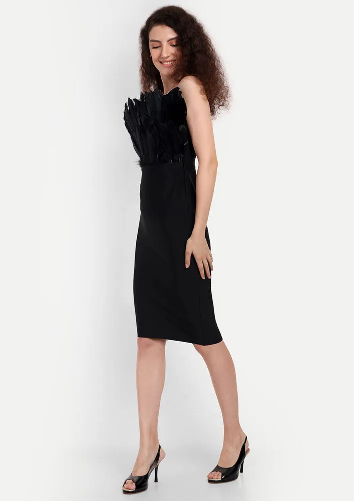 Black Bodycon Strapless Midi Dress With Feather Detailing