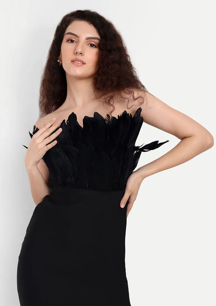 Black Bodycon Strapless Midi Dress With Feather Detailing
