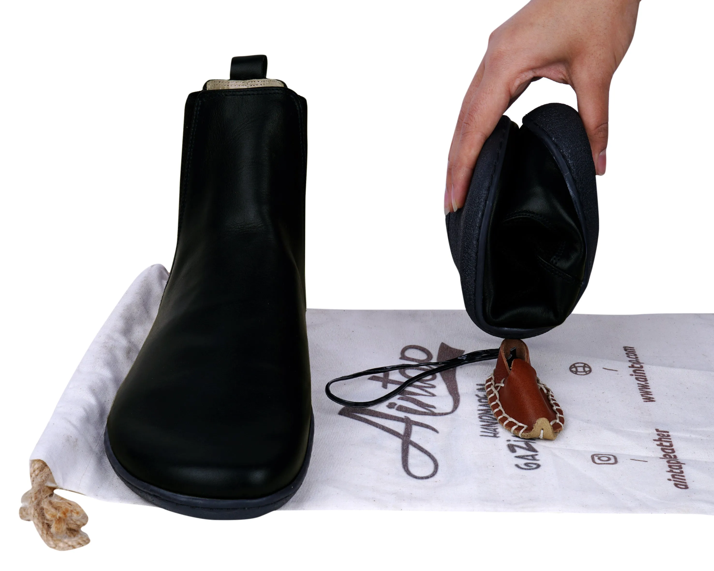 Black Chelsea Boots Wide Barefoot Shoes Smooth Leather Handmade 6mm Rubber Outsole