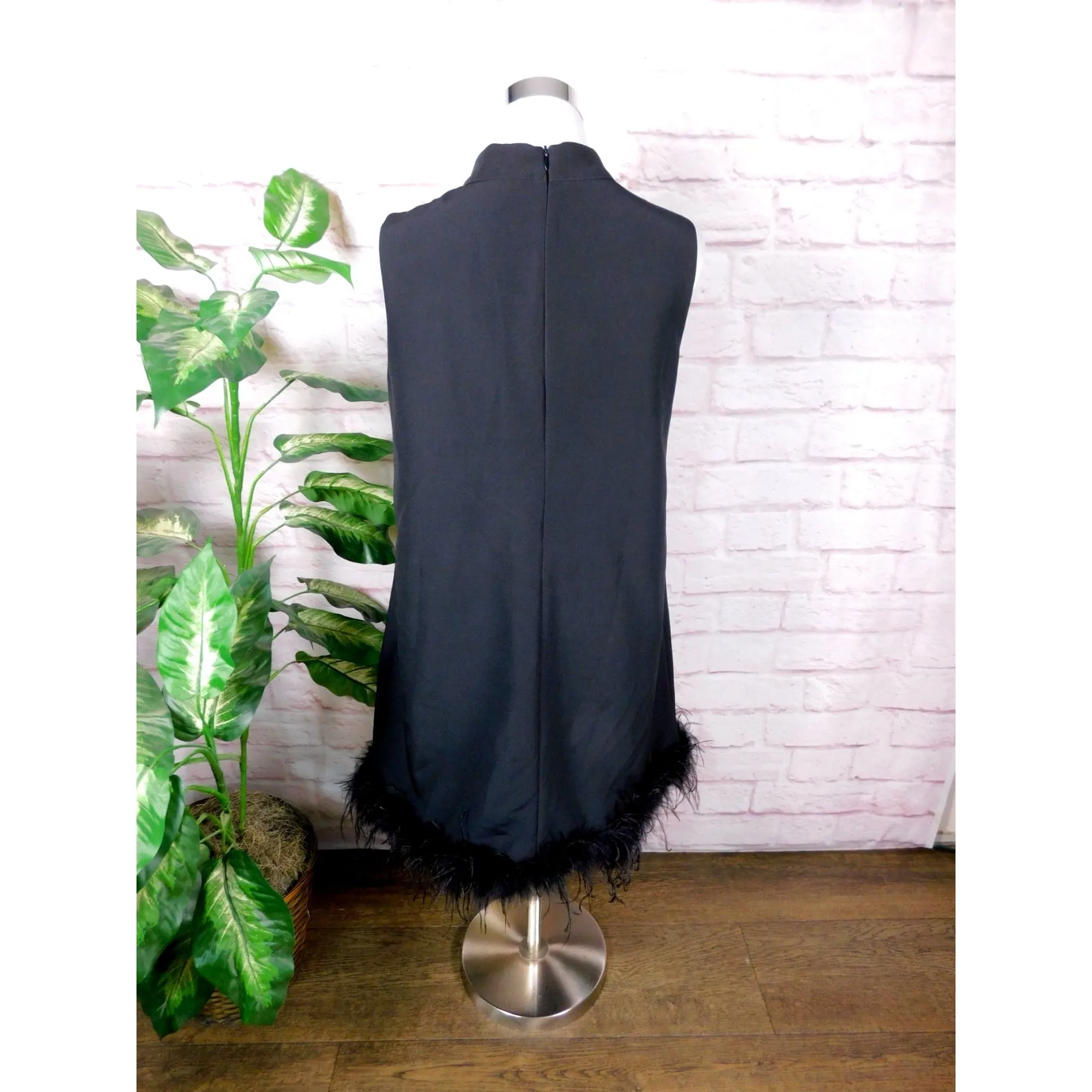 Black Feather Trim Sleeveless Mini Dress L Boho Chic Partywear