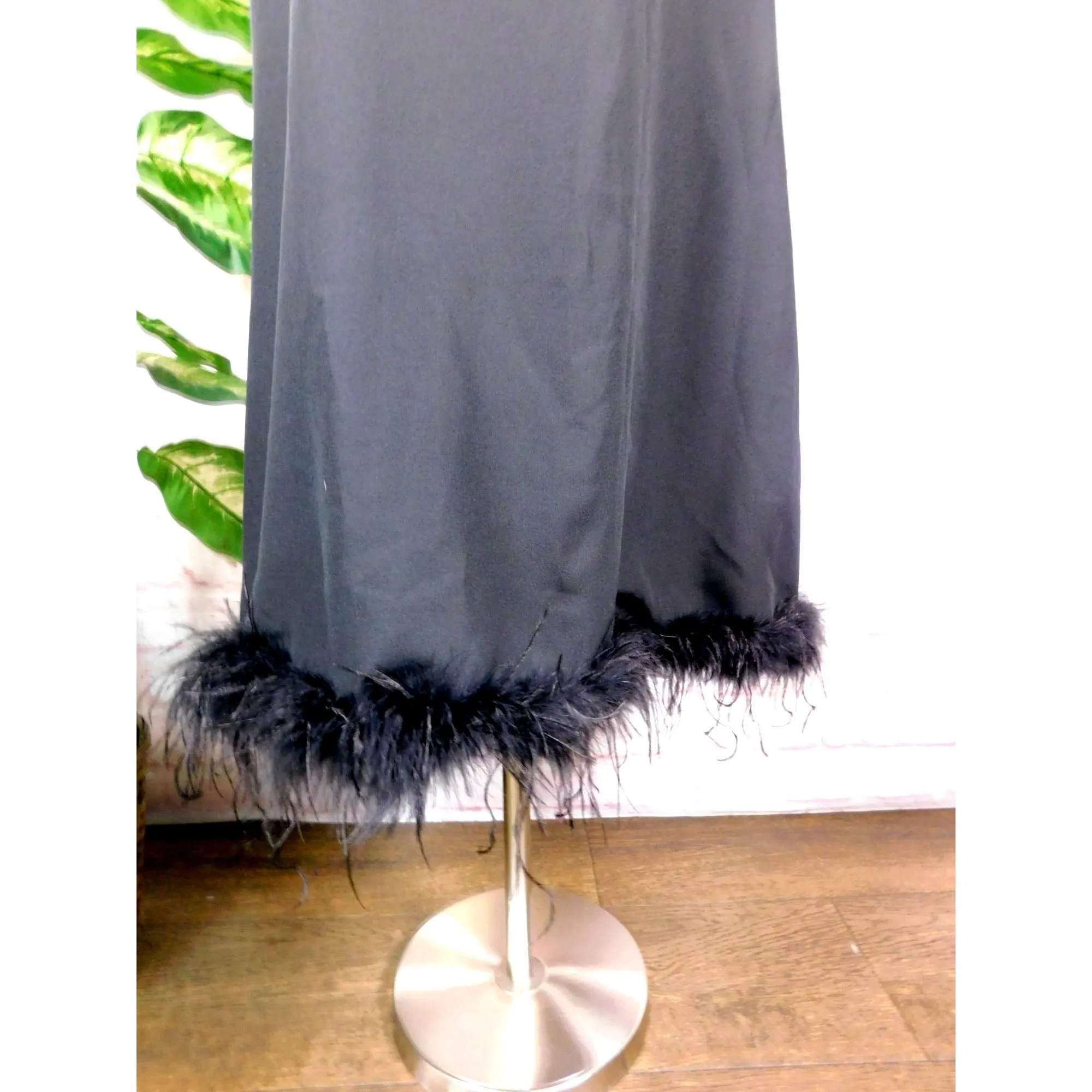 Black Feather Trim Sleeveless Mini Dress L Boho Chic Partywear