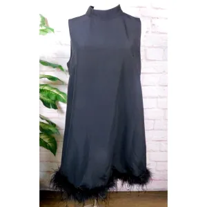 Black Feather Trim Sleeveless Mini Dress L Boho Chic Partywear