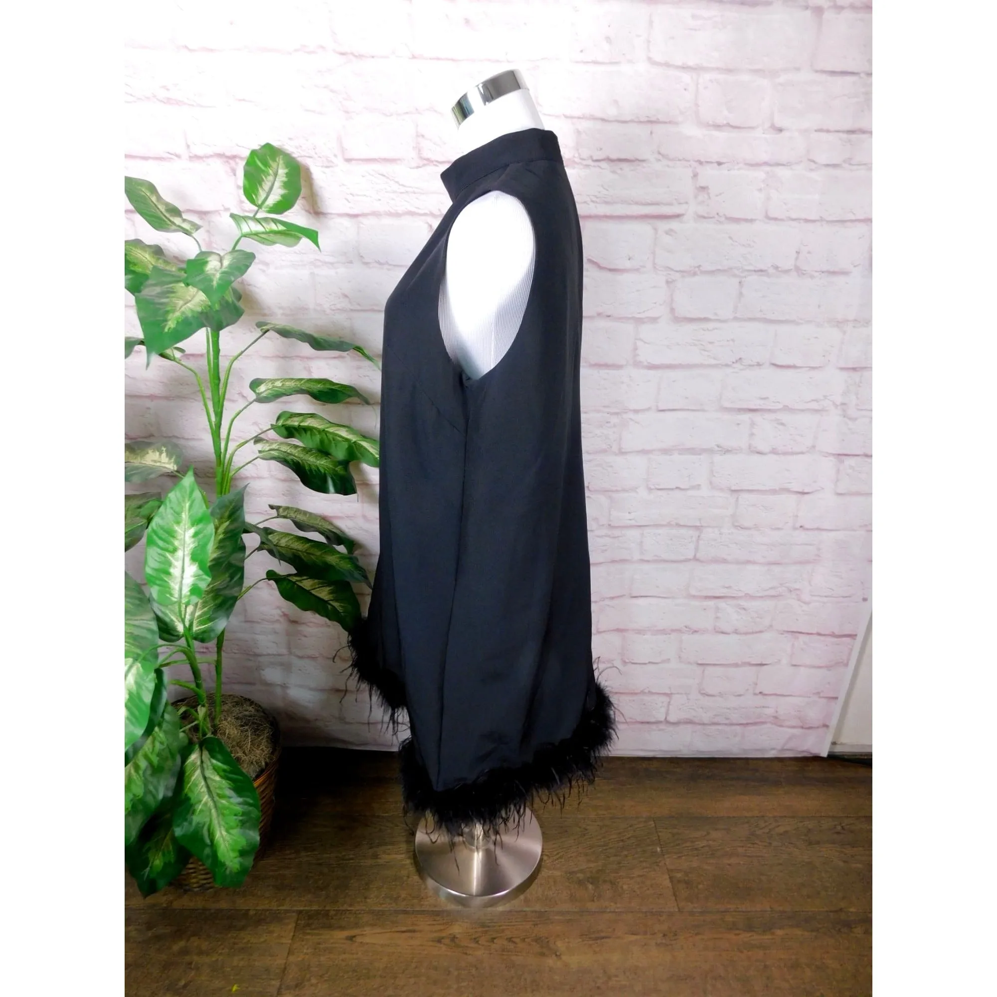 Black Feather Trim Sleeveless Mini Dress L Boho Chic Partywear