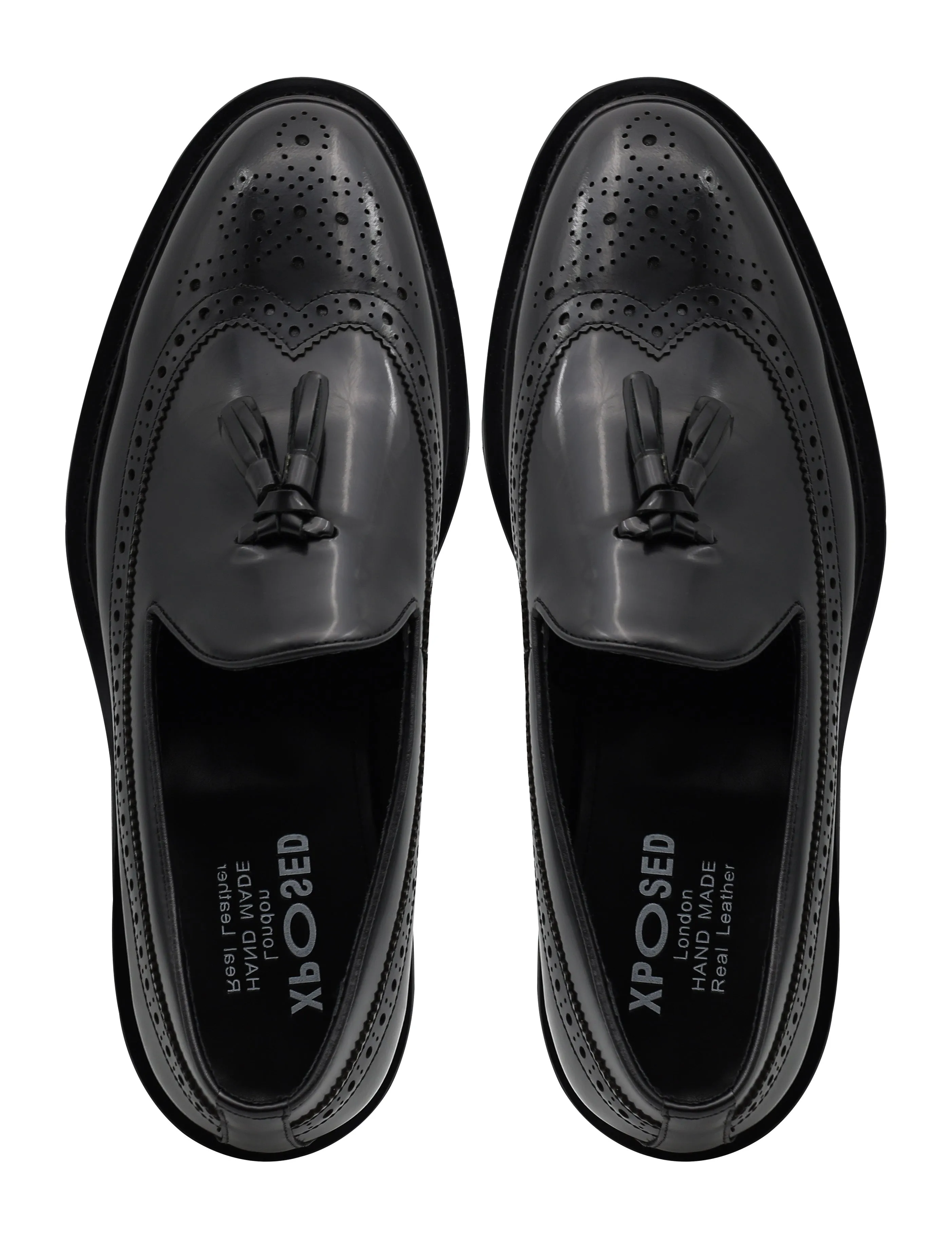 BLACK GLOSS POLISHED LEATHER TASSEL LOAFERS
