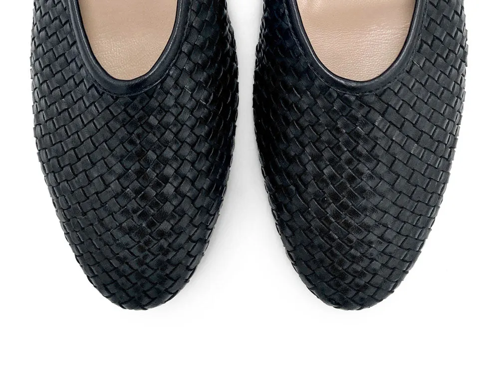 Black High-Cut Handwoven Leather Ballet Flats with Strap