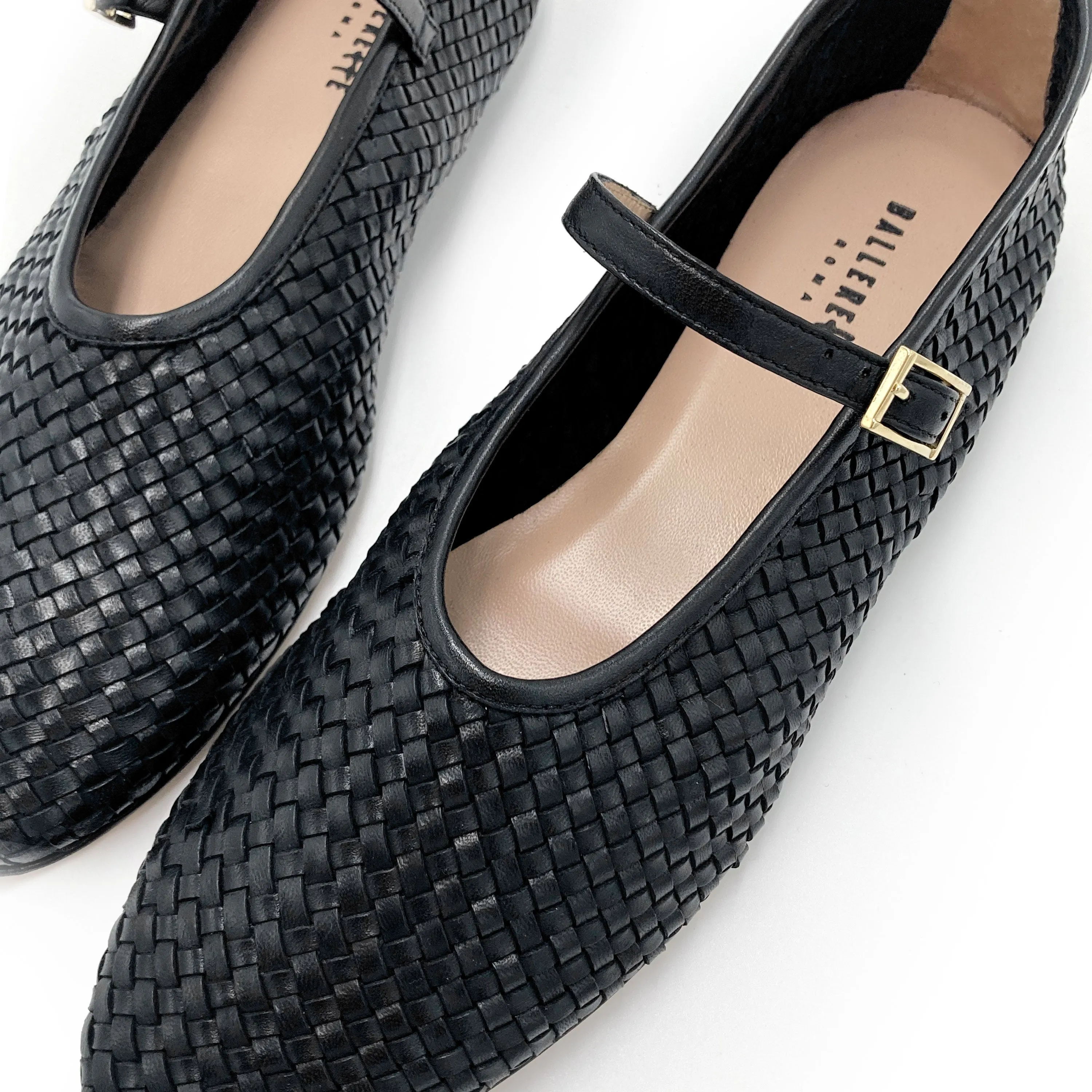Black High-Cut Handwoven Leather Ballet Flats with Strap