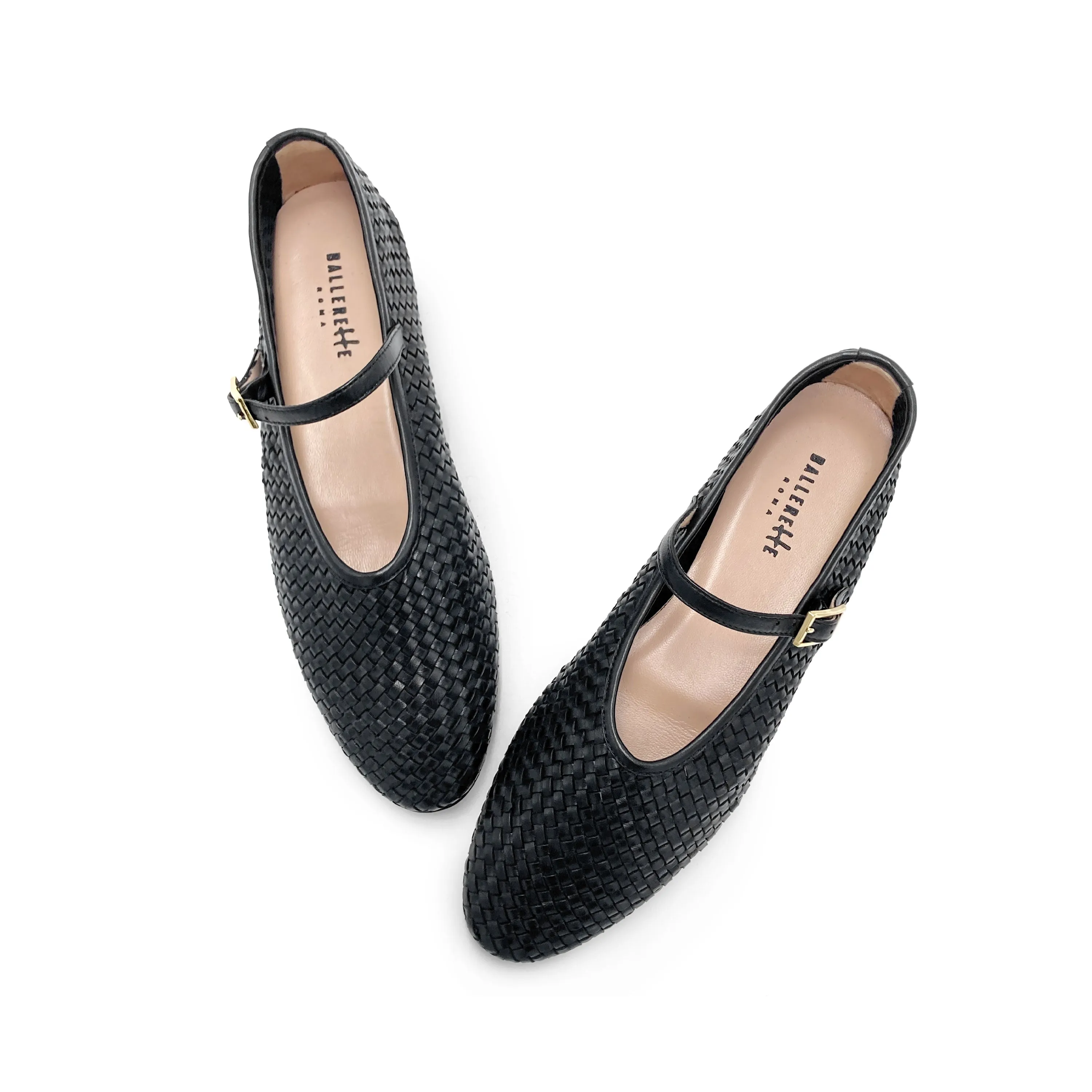 Black High-Cut Handwoven Leather Ballet Flats with Strap