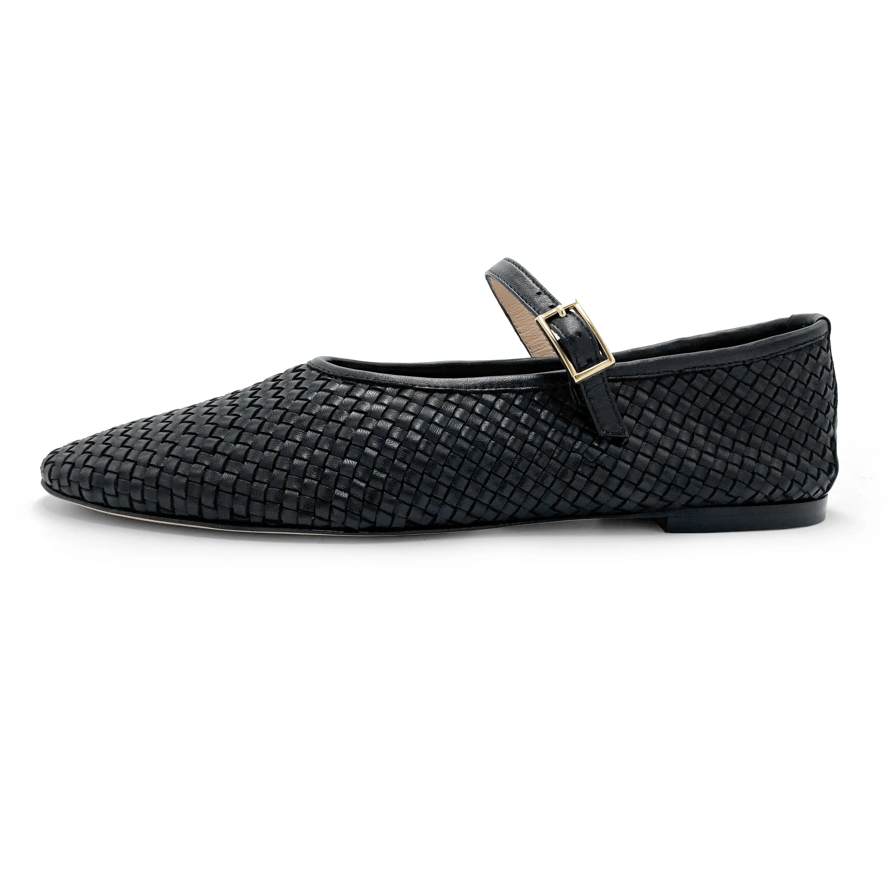 Black High-Cut Handwoven Leather Ballet Flats with Strap