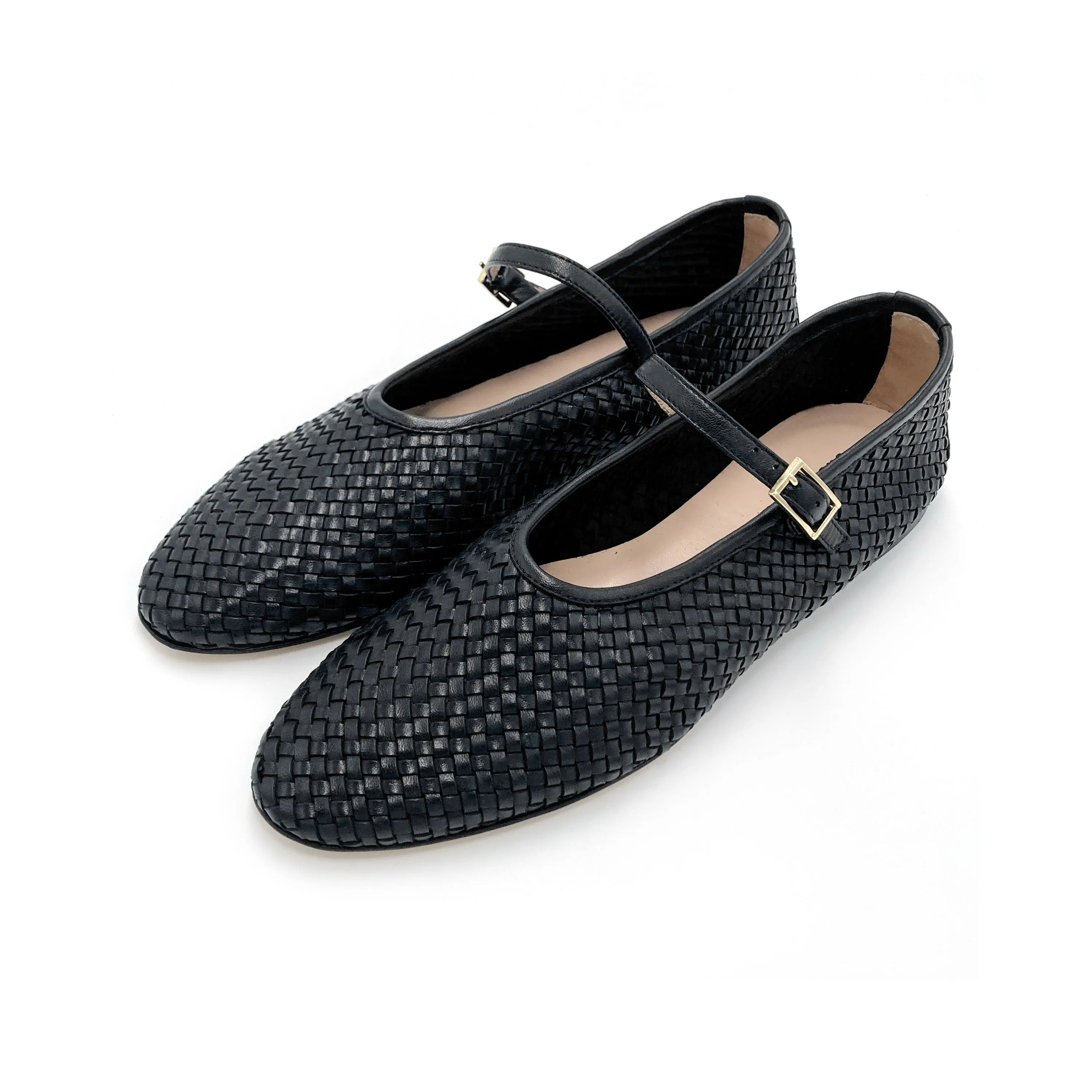 Black High-Cut Handwoven Leather Ballet Flats with Strap
