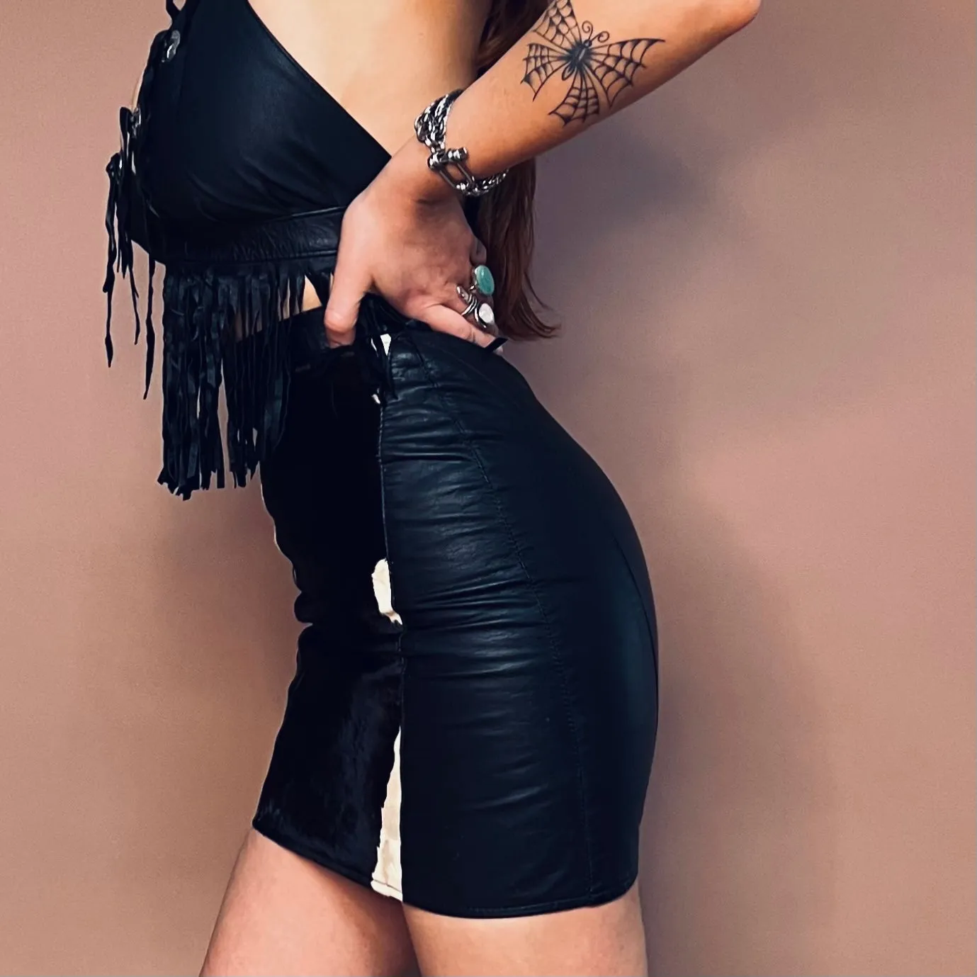 BLACK LEATHER & COWHIDE SKIRT