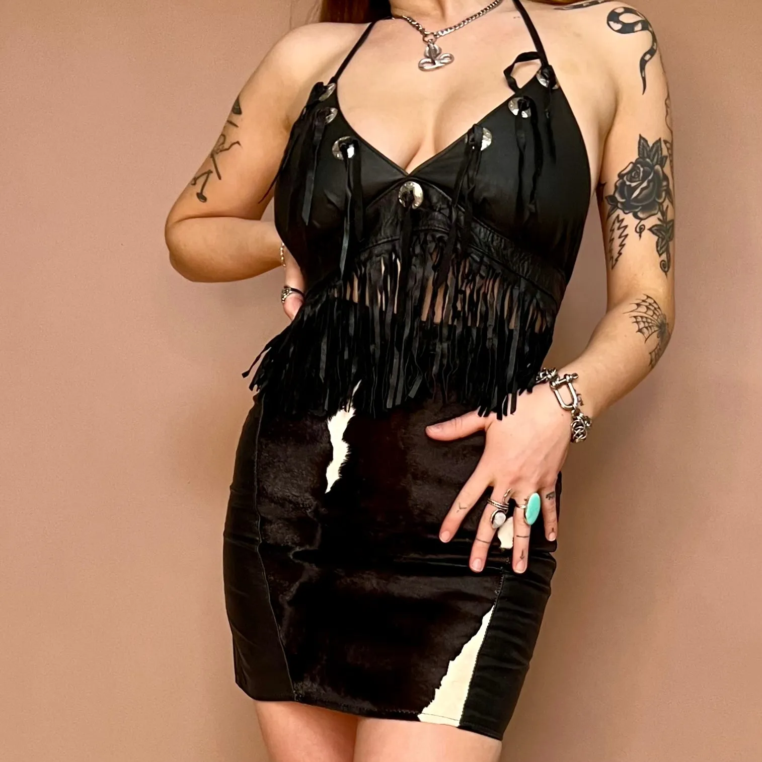 BLACK LEATHER & COWHIDE SKIRT
