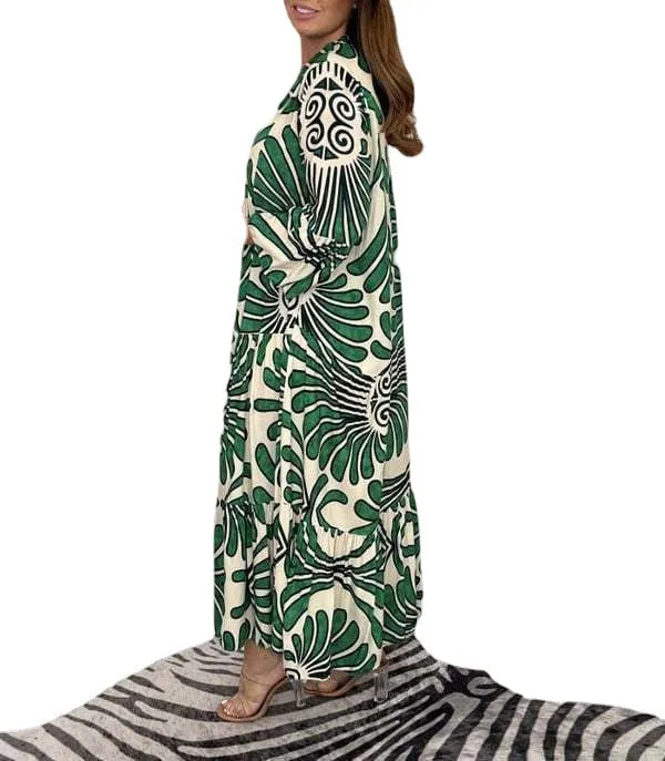 Bohemian-Inspired Flowing Maxi Dress with Bold Artistic Print