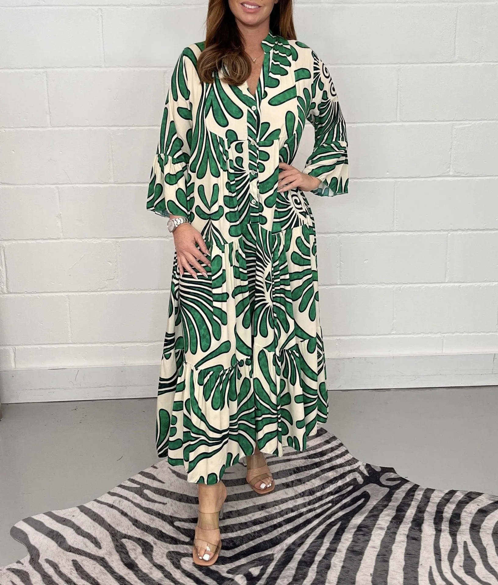 Bohemian-Inspired Flowing Maxi Dress with Bold Artistic Print