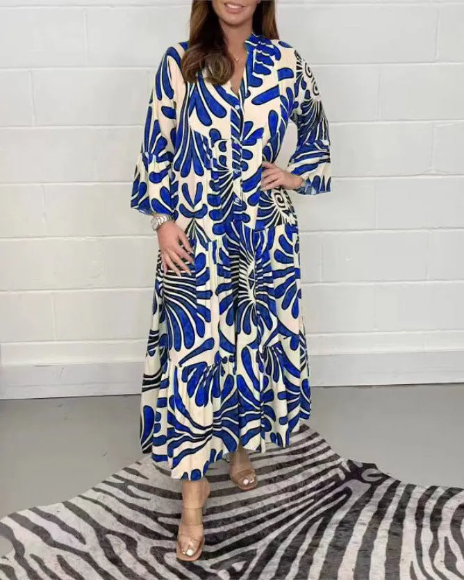 Bohemian-Inspired Flowing Maxi Dress with Bold Artistic Print