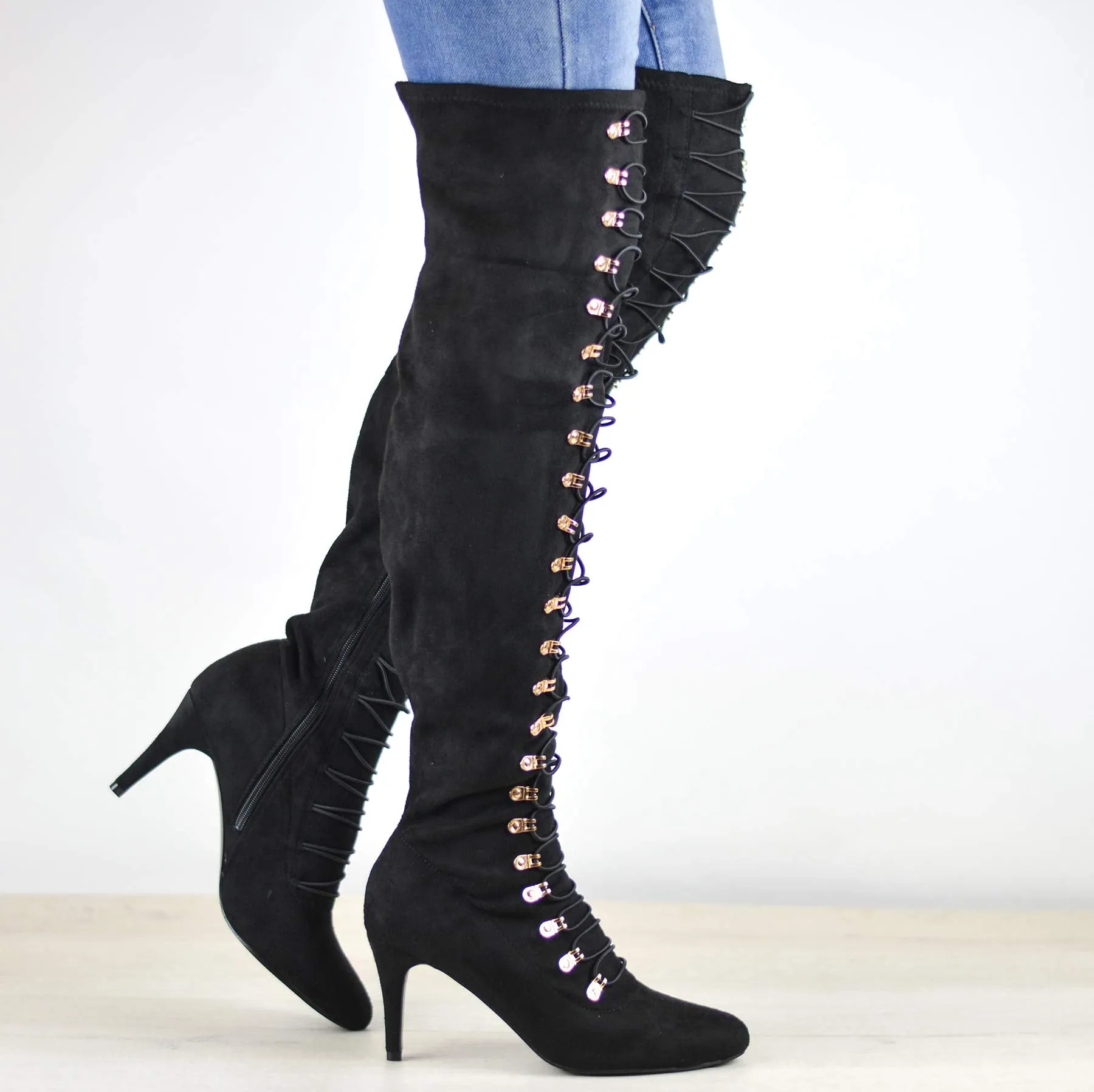 Brinley Co. Womens Regular and Wide Calf Vintage Almond Toe Over-the-knee Boots Black, 11 Regular US