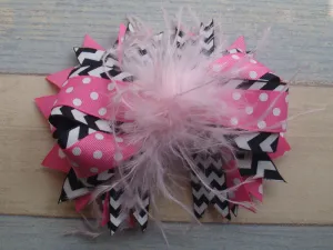 Bubble Pink Polka w/Black Chevron 6in Ostrich Feather Boutique Bow