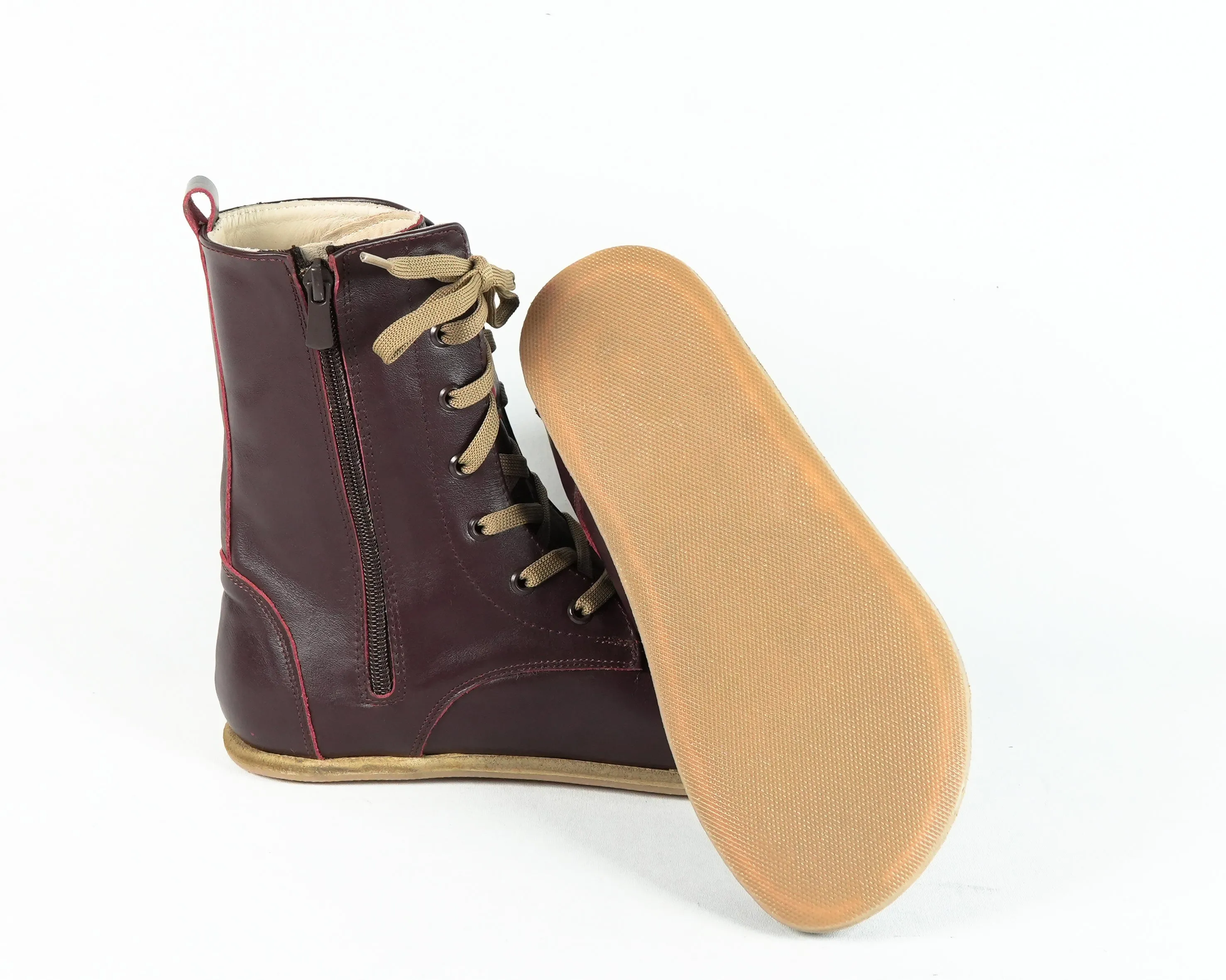 Burgundy Long Boots Wide Barefoot Smooth Leather Handmade Shoes