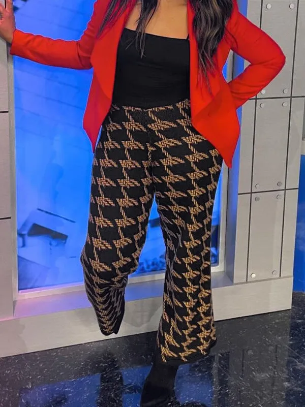 Chic Geometric Print High-Waist Slightly Flared Knit Pants