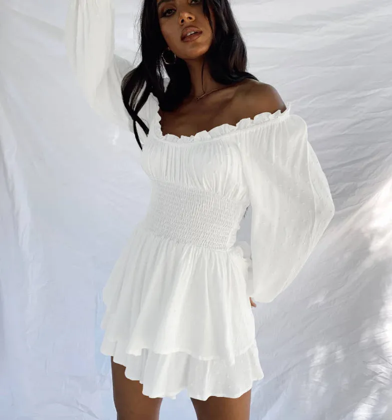 Chic Off-Shoulder Pleated Ruffle Long Sleeve Romper Dress