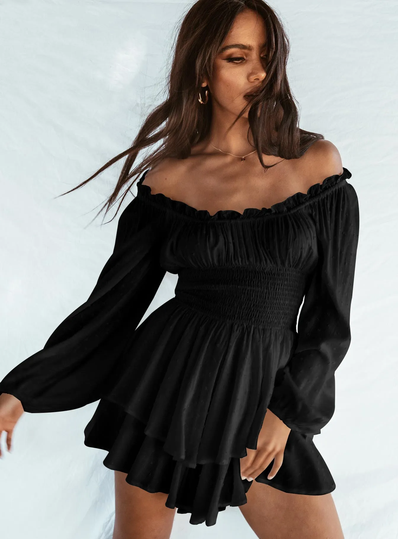 Chic Off-Shoulder Pleated Ruffle Long Sleeve Romper Dress