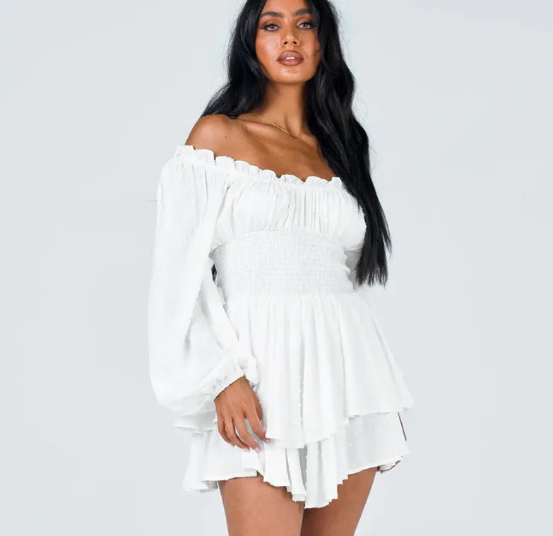 Chic Off-Shoulder Pleated Ruffle Long Sleeve Romper Dress