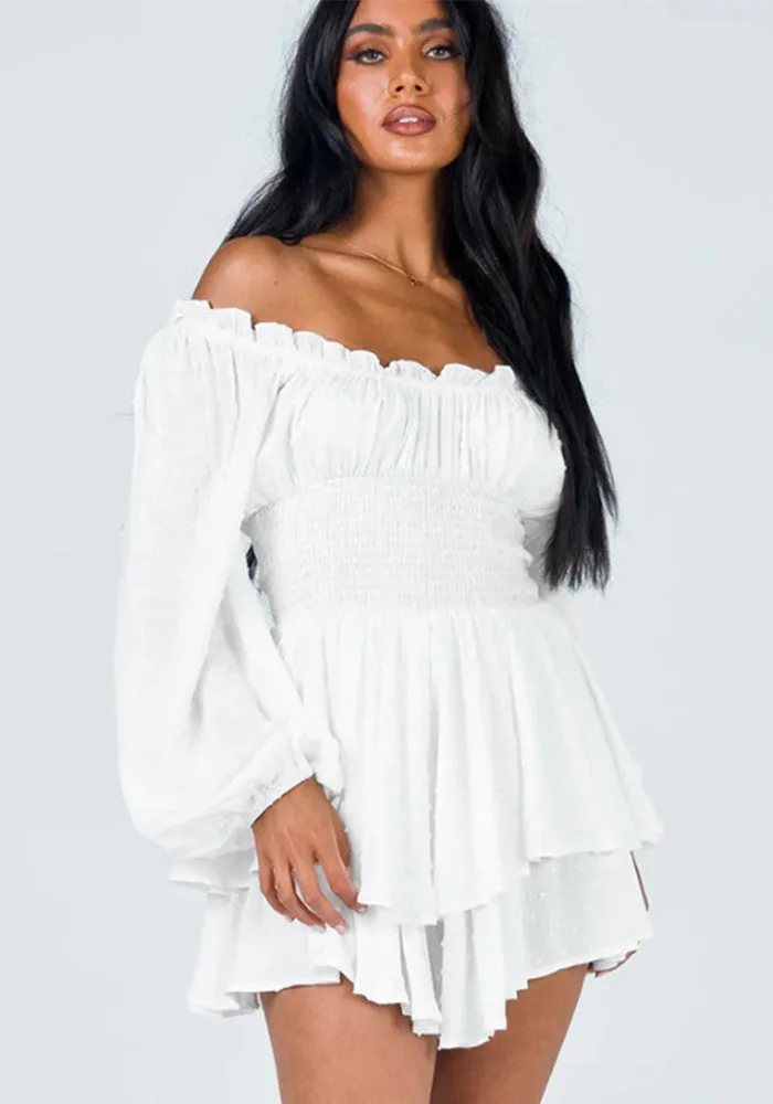 Chic Off-Shoulder Pleated Ruffle Long Sleeve Romper Dress