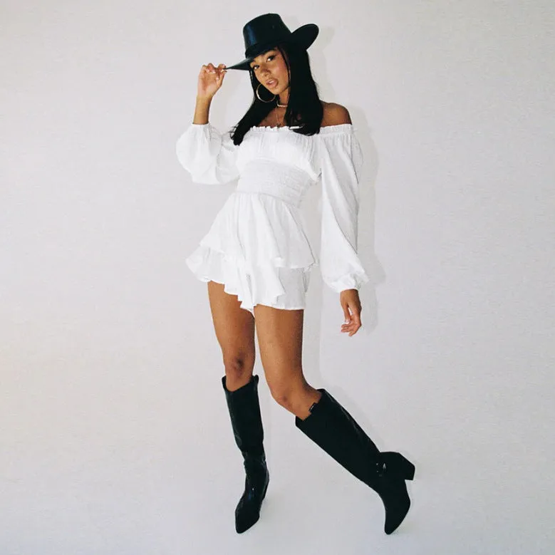 Chic Off-Shoulder Pleated Ruffle Long Sleeve Romper Dress