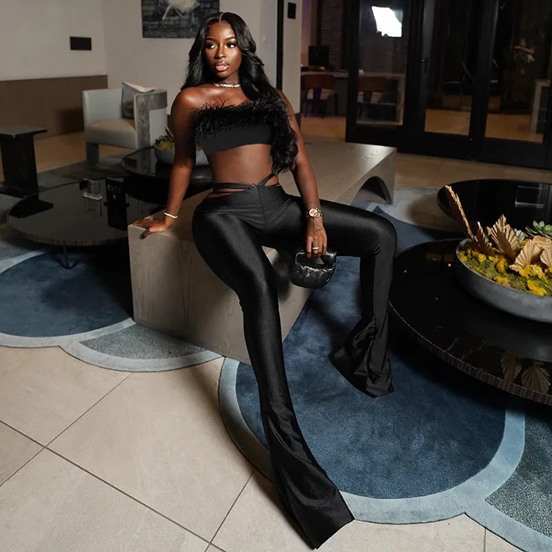 Chic Strapless Feather Trim Crop Top and Cutout Low Waist Pants Set