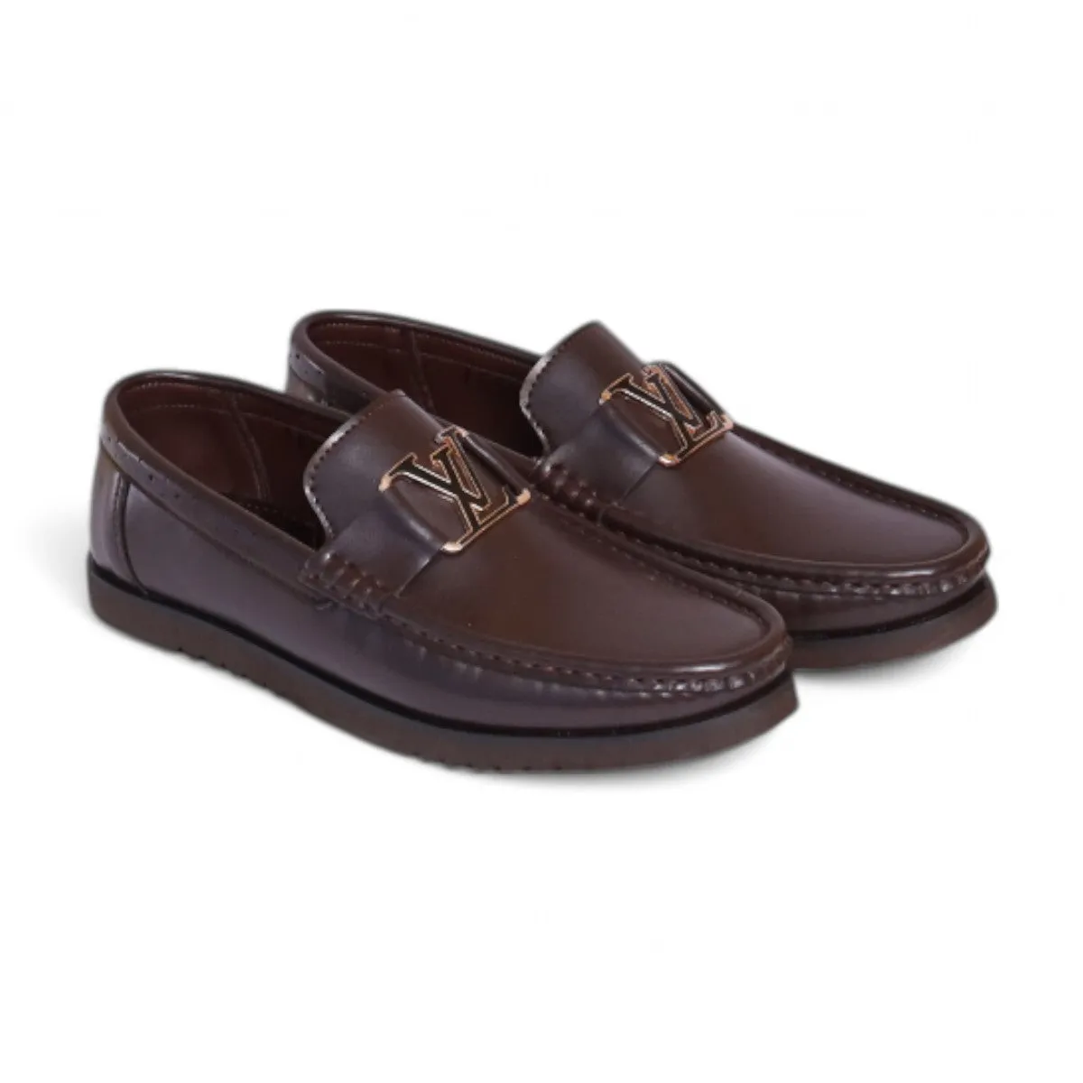 Classic Brown Leather Loafers – Luxe Metal Monogram Buckle