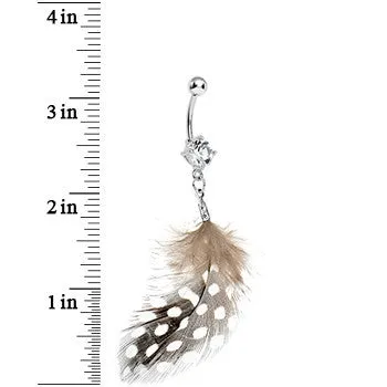 Clear Gem Natural Feather Dangle Belly Ring