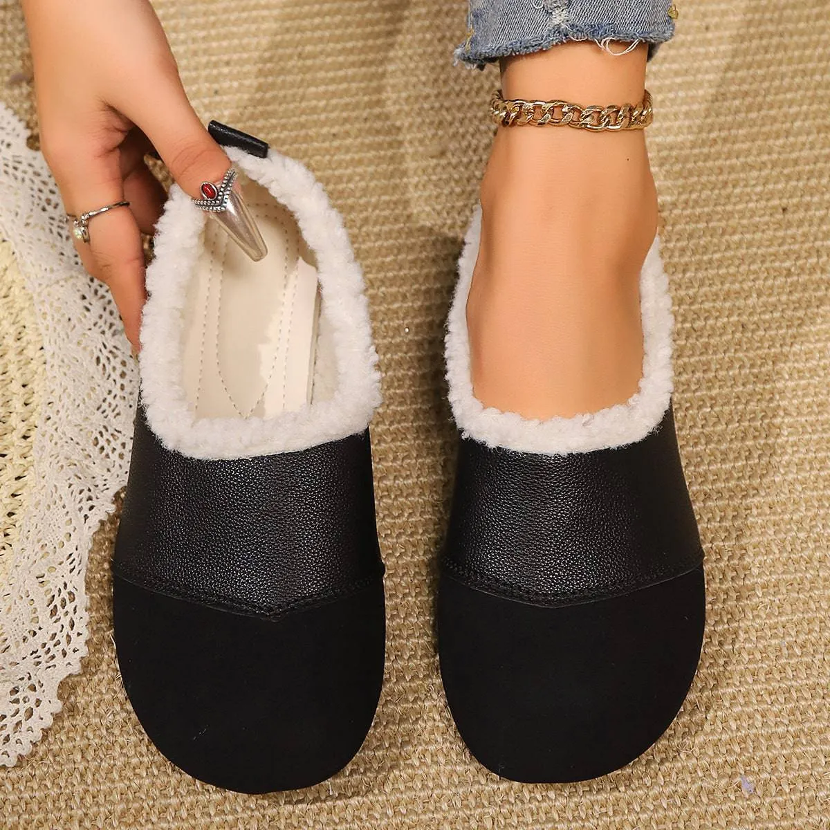 Cozy Plush-Trimmed Flats – Comfort Meets Chic Retro Style