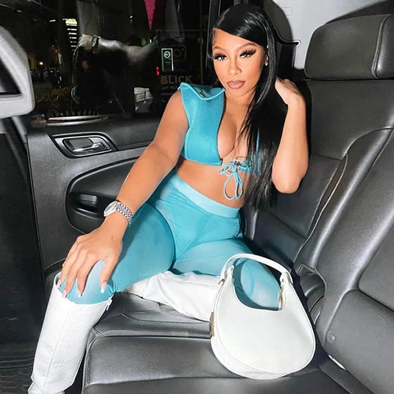 Daring Mesh Two-Piece Set with Cropped Vest and Sheer Pants