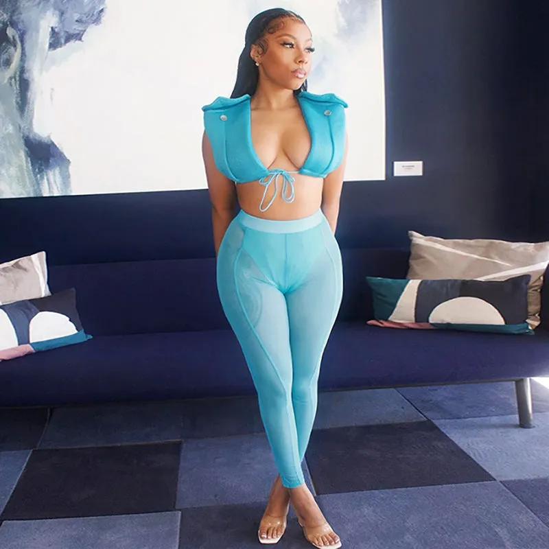 Daring Mesh Two-Piece Set with Cropped Vest and Sheer Pants
