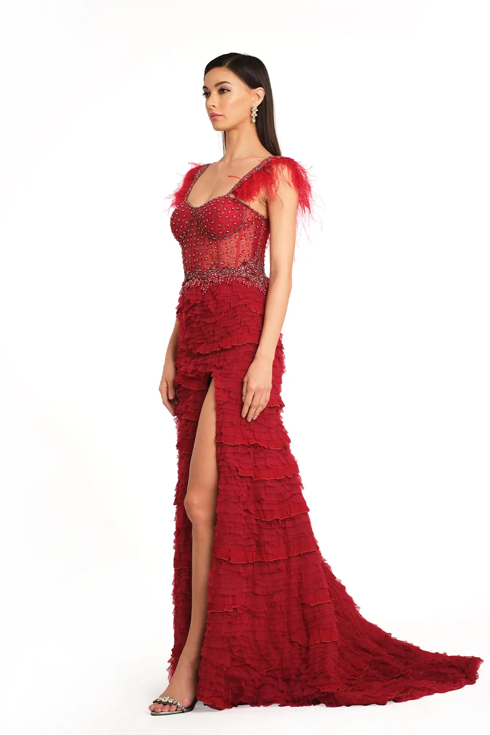 Deep red gown with high slit