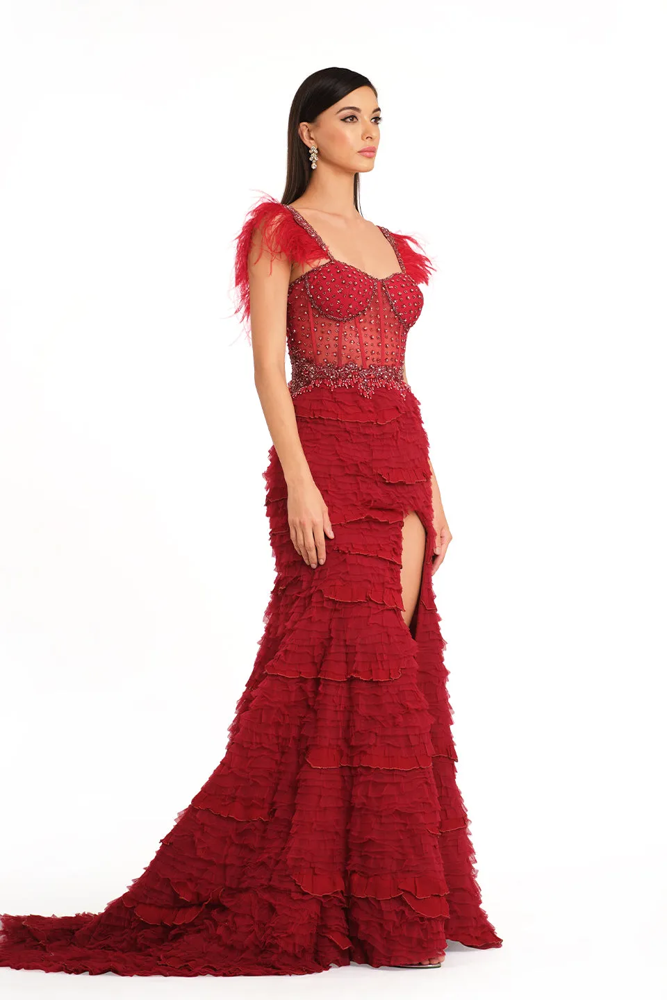 Deep red gown with high slit