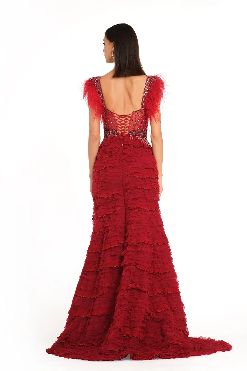 Deep red gown with high slit