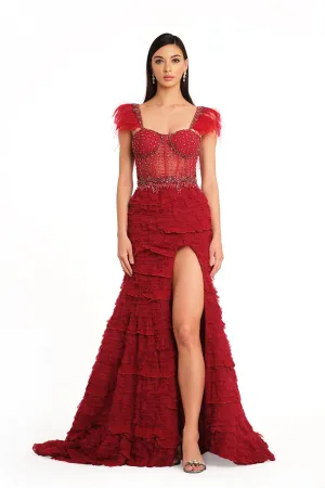 Deep red gown with high slit