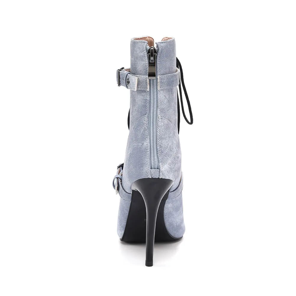 Denim Blue Stiletto Boots With Side Buckles