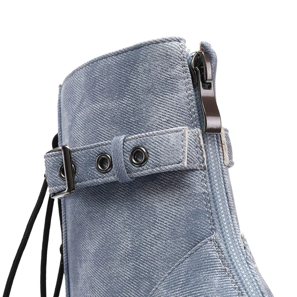 Denim Blue Stiletto Boots With Side Buckles