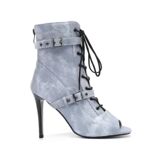 Denim Blue Stiletto Boots With Side Buckles