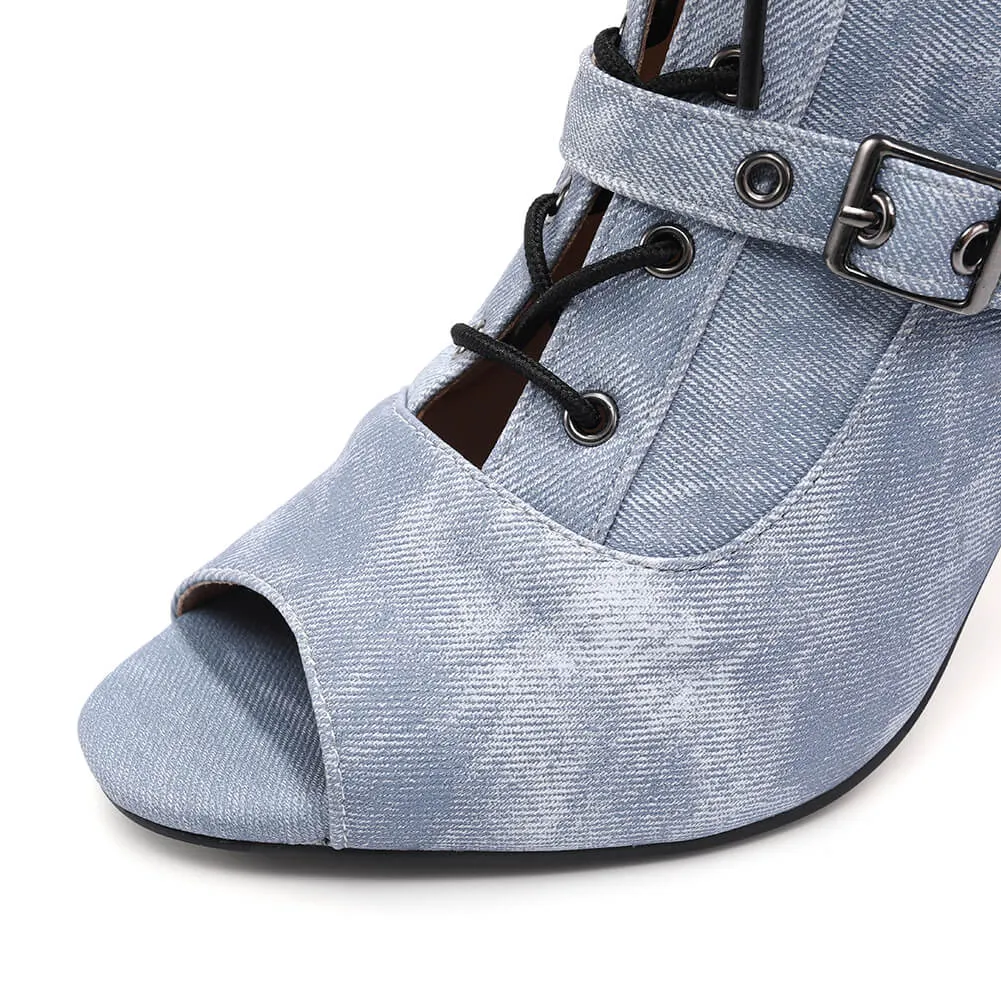 Denim Blue Stiletto Boots With Side Buckles